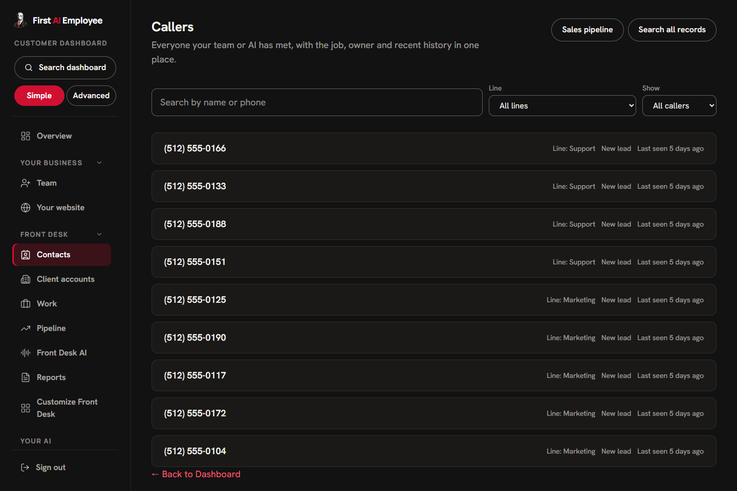 First AI Employee Callers workspace showing customer records filtered by phone line and lead stage